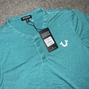 True Religion Henley Shirt Burnout Logo Men's Medium Teal Short Sleeve MSRP $69